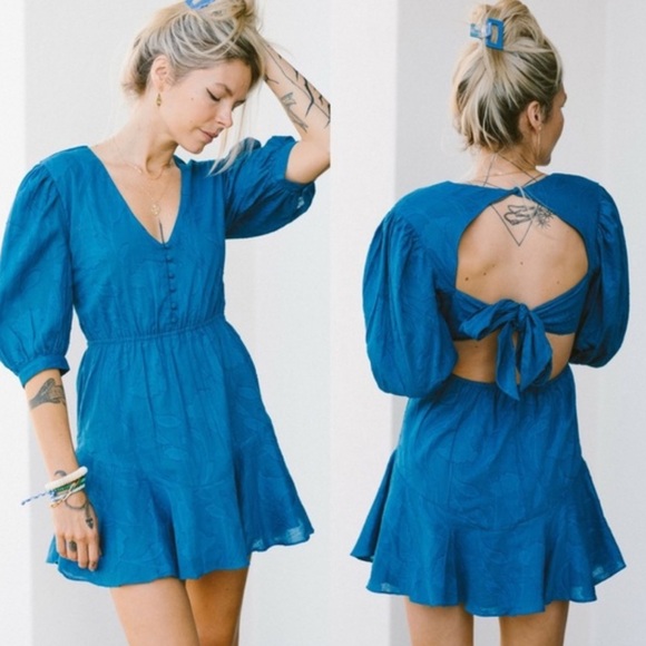 Karina Grimaldi Aspen Smalll Royal Blue Puff Sleeve Mini Dress - Picture 2 of 16